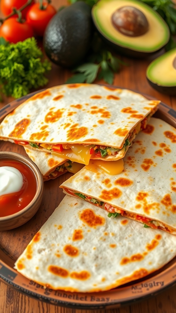 Crispy quesadilla wedges filled with cheese and served with salsa and sour cream.